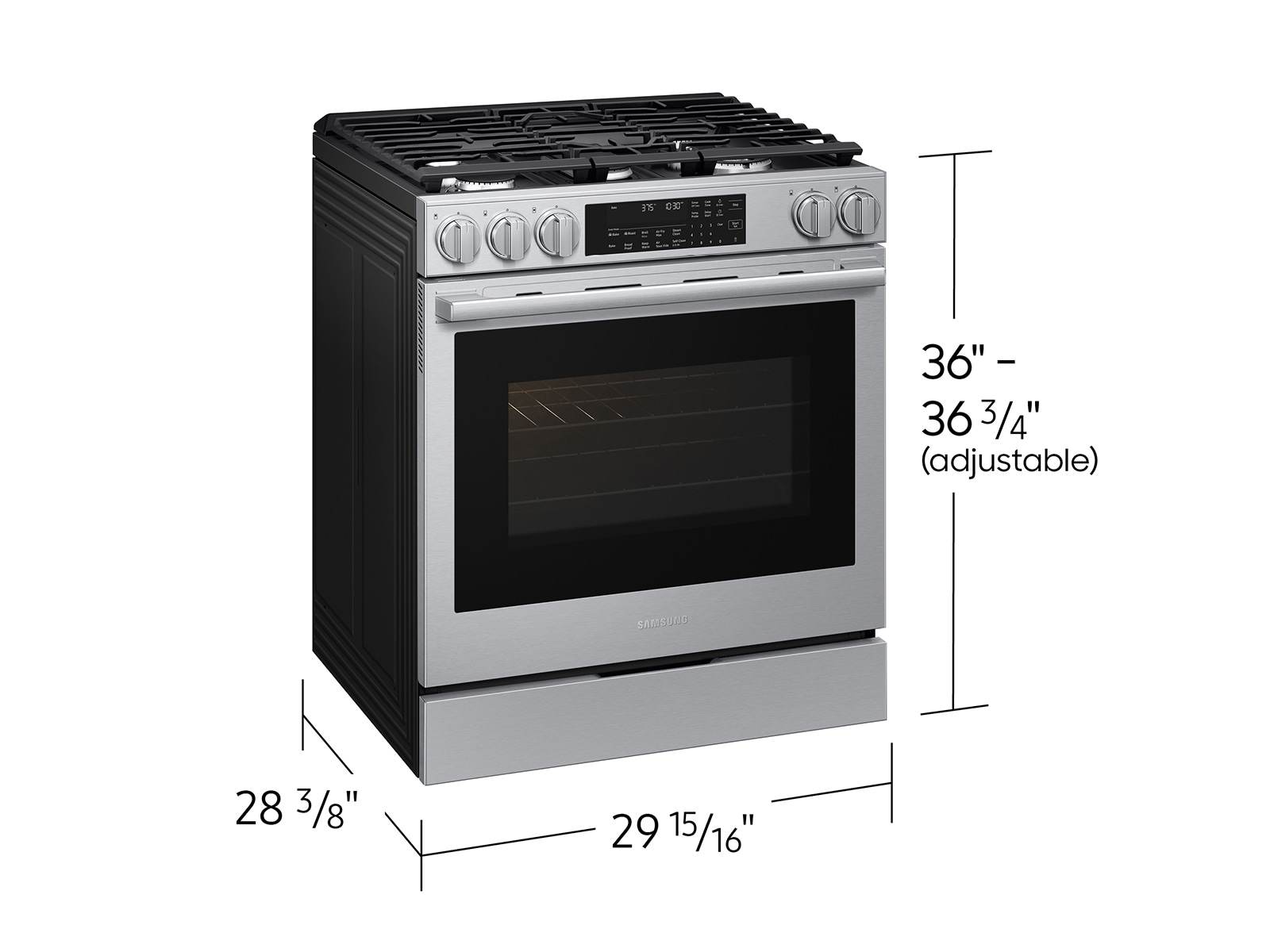 Dimensions of Bespoke Smart Slide-In Dual Fuel Range with Illuminated Precision Knobs, No Preheat Air Fry Max and True Convection  