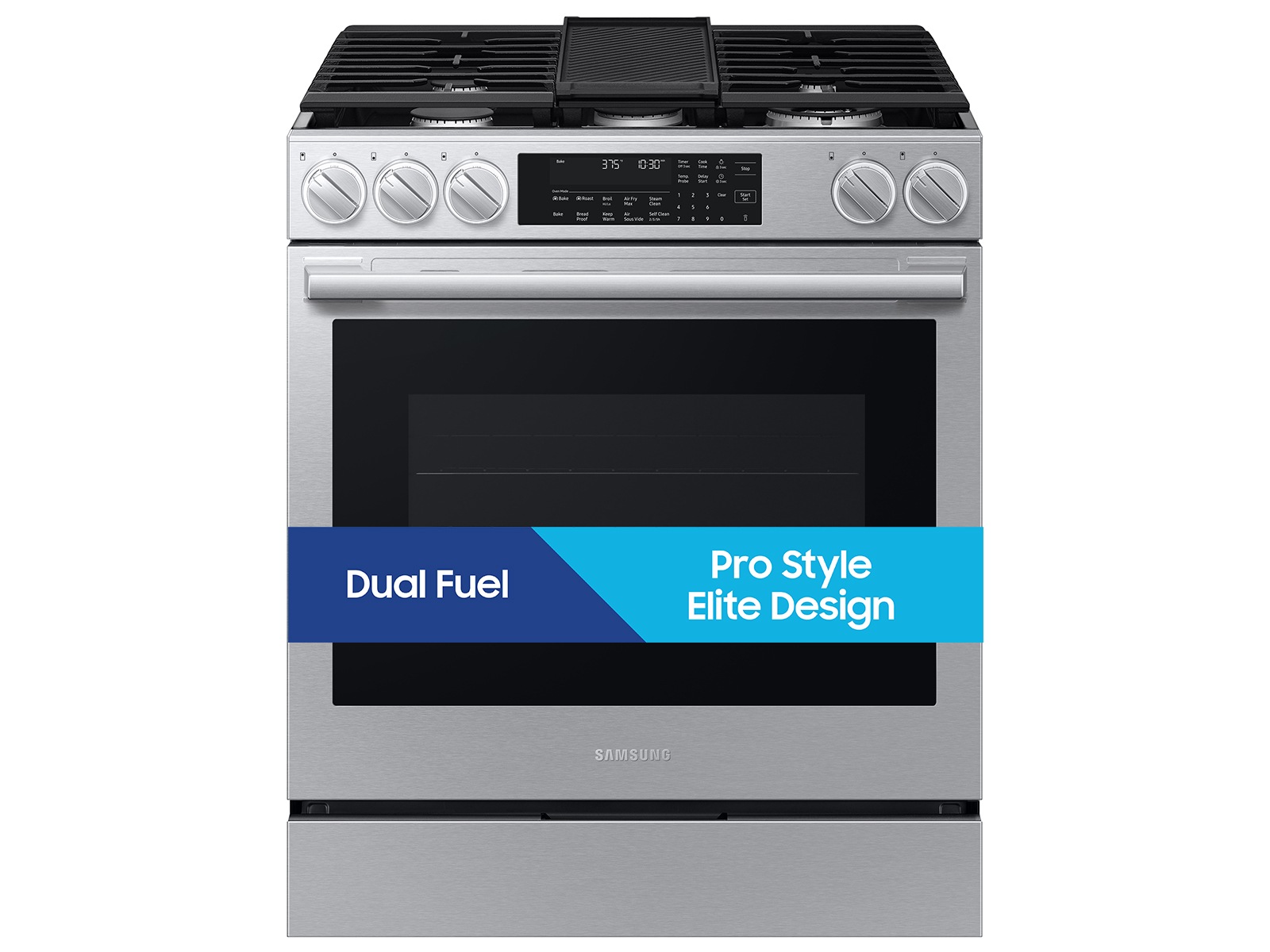 Front view of Bespoke Smart Slide-In Dual Fuel Range with Illuminated Precision Knobs, No Preheat Air Fry Max and True Convection with Sash