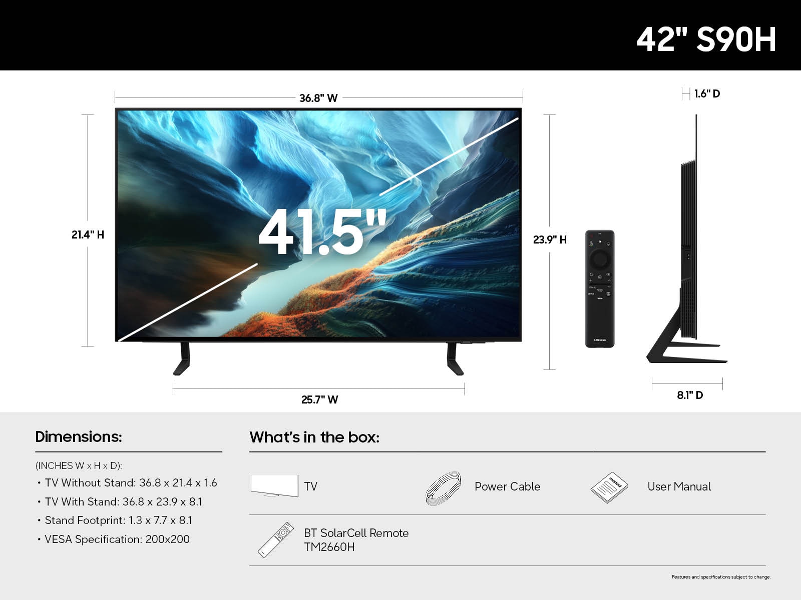 A diagram of the dimensions and specs of the  OLED S90H .
