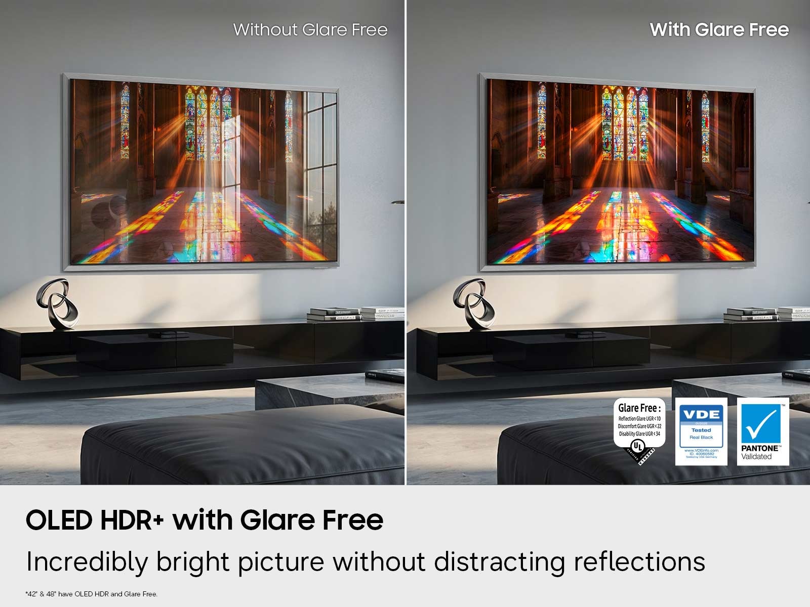 A with- and without- shot of the Samsung OLED S90H Smart TV's glare-free HDR functionality.