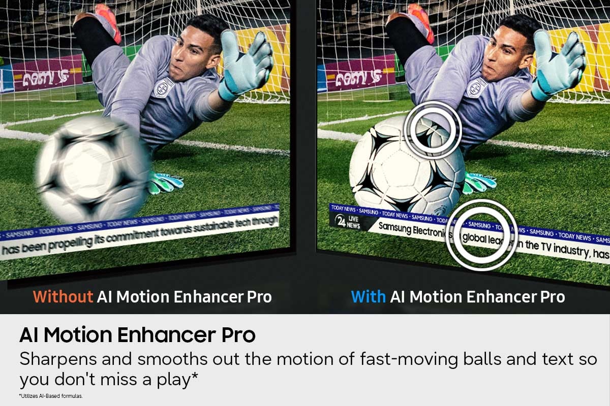 A with- and without- shot of how AI Motion Enhancer Pro technology on the Samsung OLED S90H Smart TV can be used to make crisp, more vivid sports action.