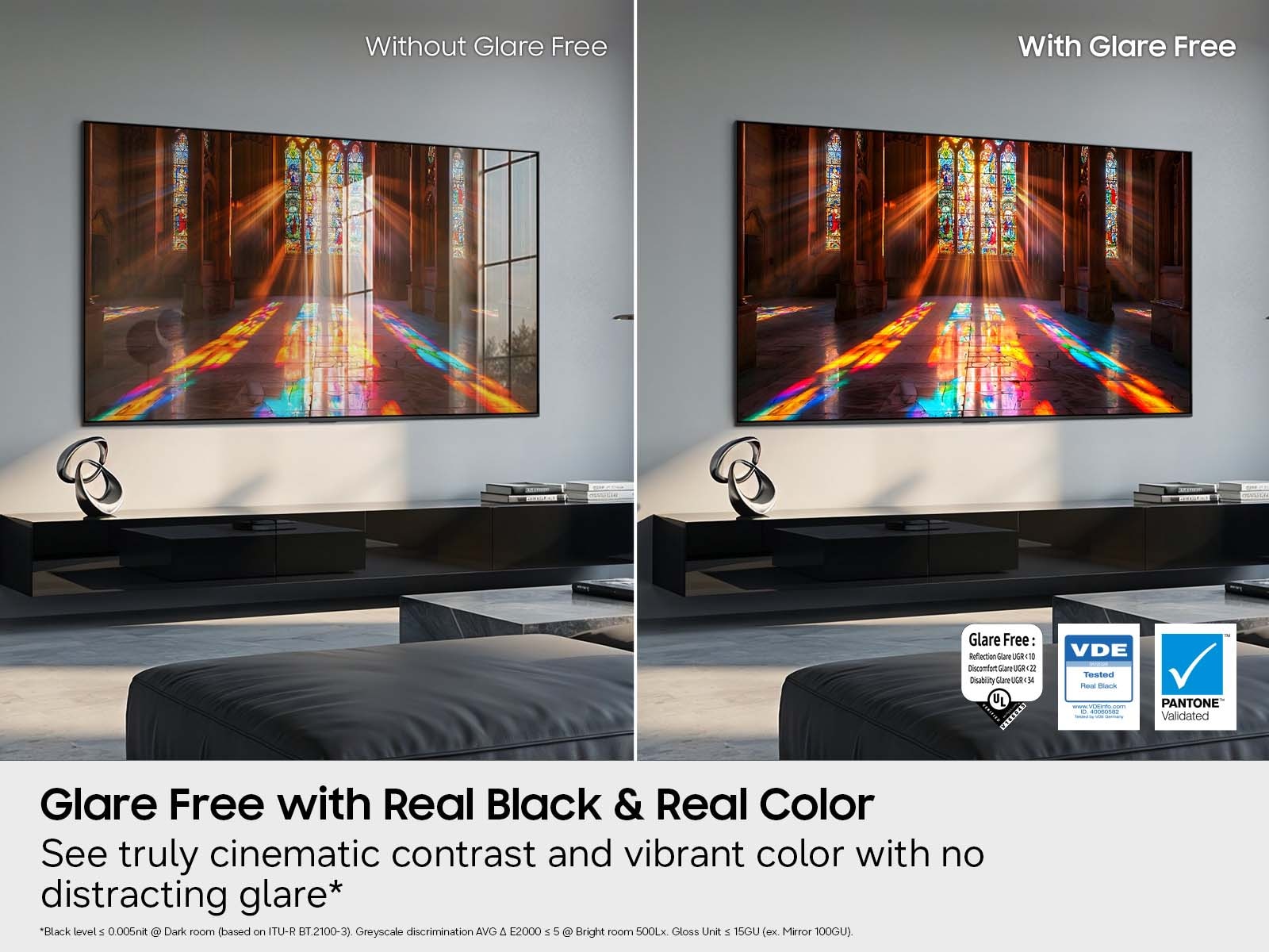 A with- and without- shot of the Samsung OLED S90H Smart TV's glare-free HDR functionality.