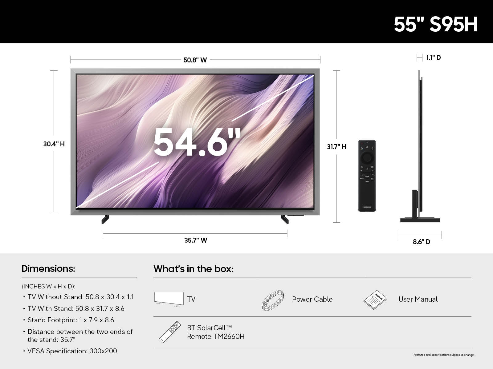 A diagram of the dimensions and specs of the  OLED S95H.