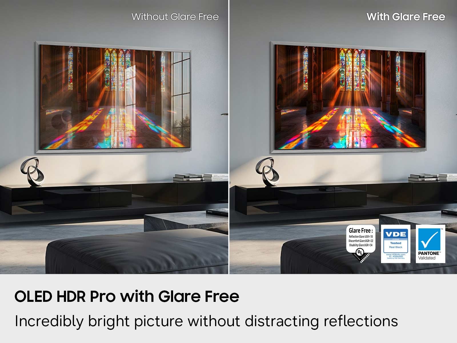 A with- and without- shot of the Samsung OLED S95H Smart TV's glare-free HDR functionality.