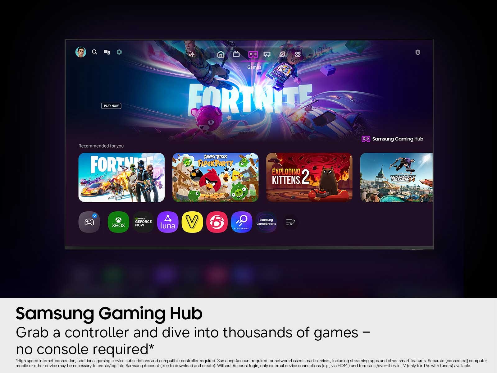 A screenshot showing the Samsung Gaming Hub interface, with icons for popular games such as Fortnite, Angry Birds and Exploding Kittens 2.
