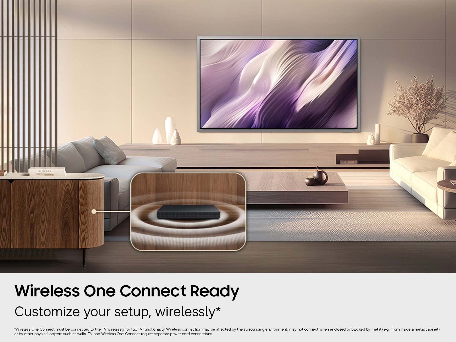 A lifestyle shot showing Samsung entertainment devices such as the OLED S95H Smart TV connecting wirelessly with one another.