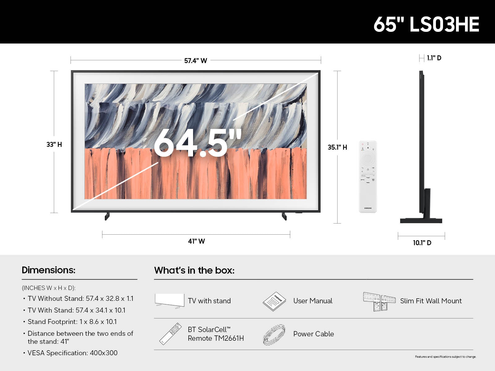 A diagram of the specifications  of the The Frame LS03HE.
