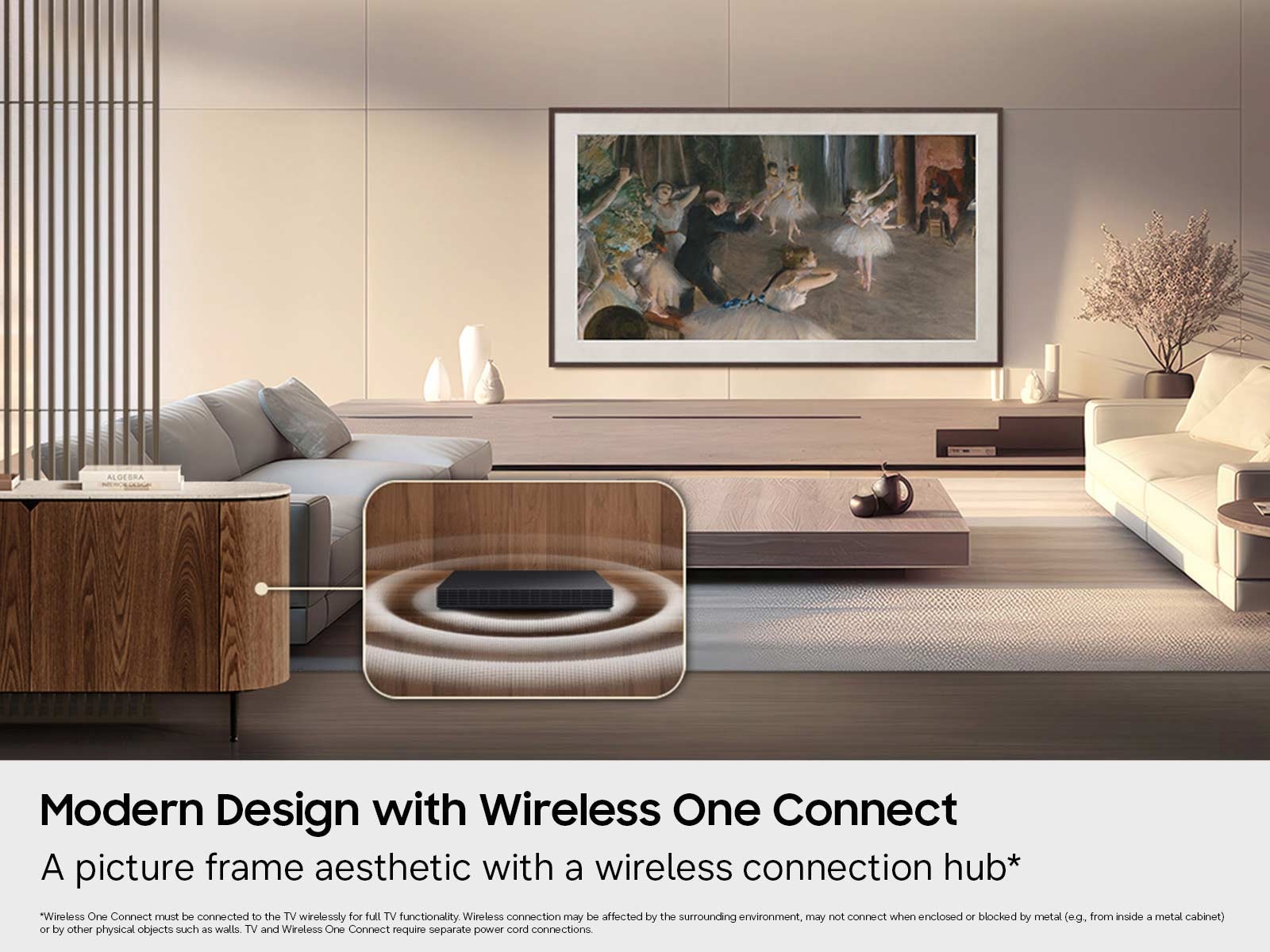 An illustration showing how the Frame Pro's modern design can use Wireless One connect to have a wireless experience.