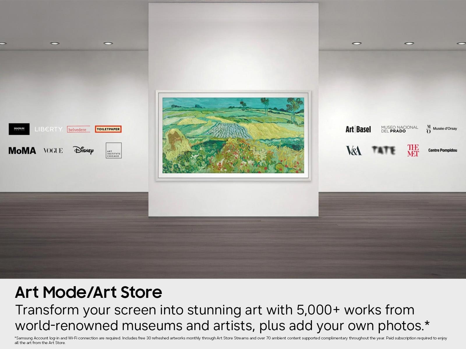 A mock-up of the Frame Pro TV hanging in an Art Gallery, with the logos of various art institutions and museums shown in the background.
