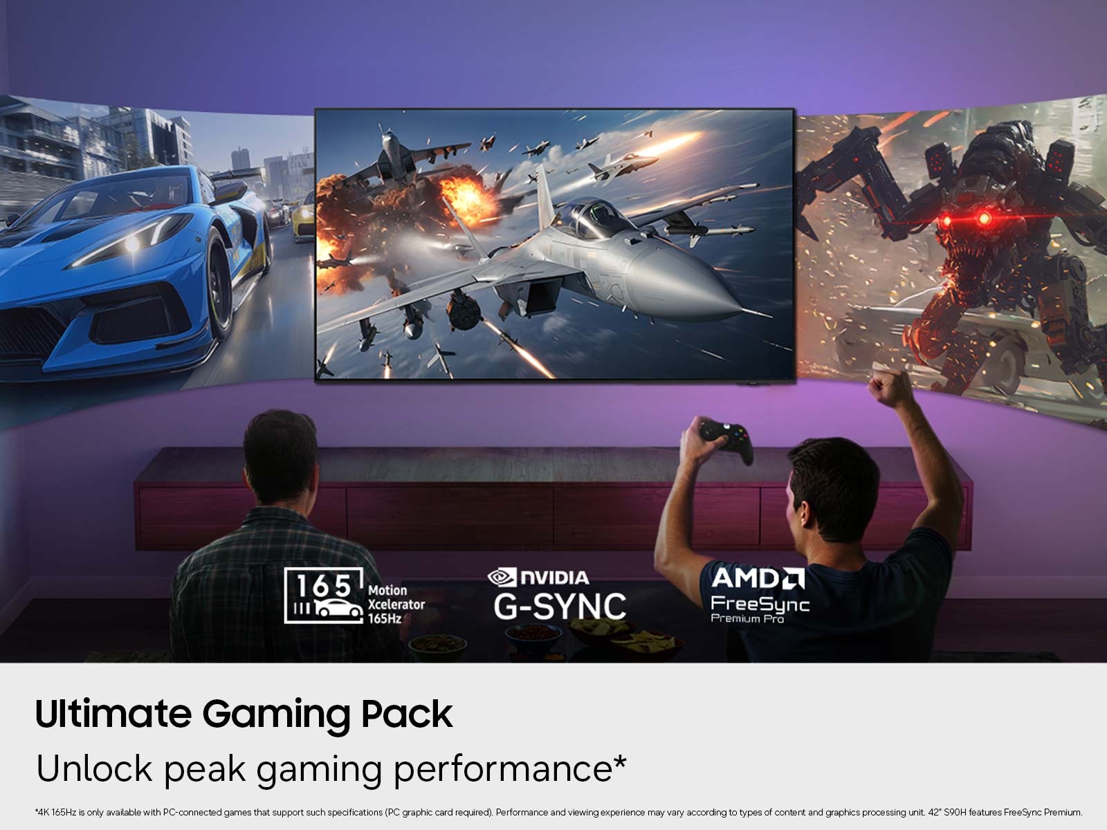 A lifestyle shot of two gamers playing a collage of different video games using the Samsung OLED S90H.