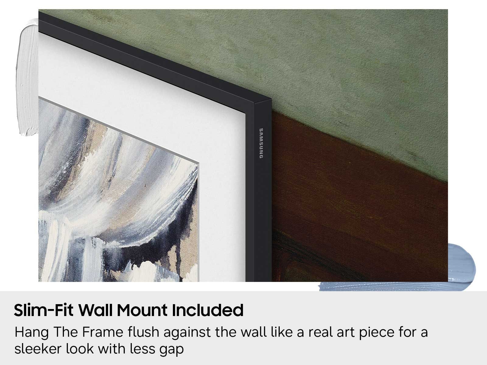 A shot showing how The Frame LS03HE hangs flush against the wall thanks to its Slim Fit Wall Mount.
