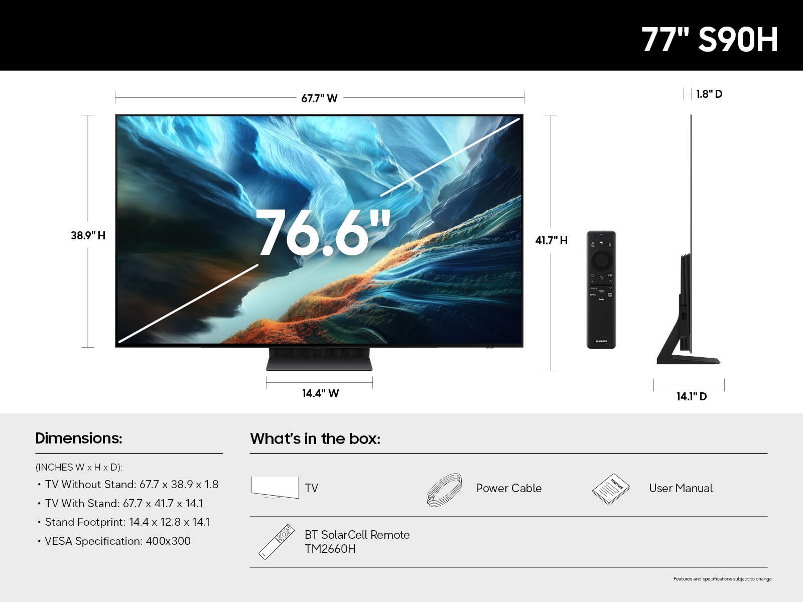 A diagram of the dimensions and specs of the  OLED S90H .