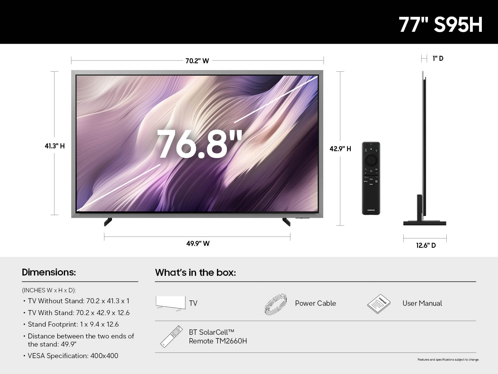 A diagram of the dimensions and specs of the  OLED S95H .