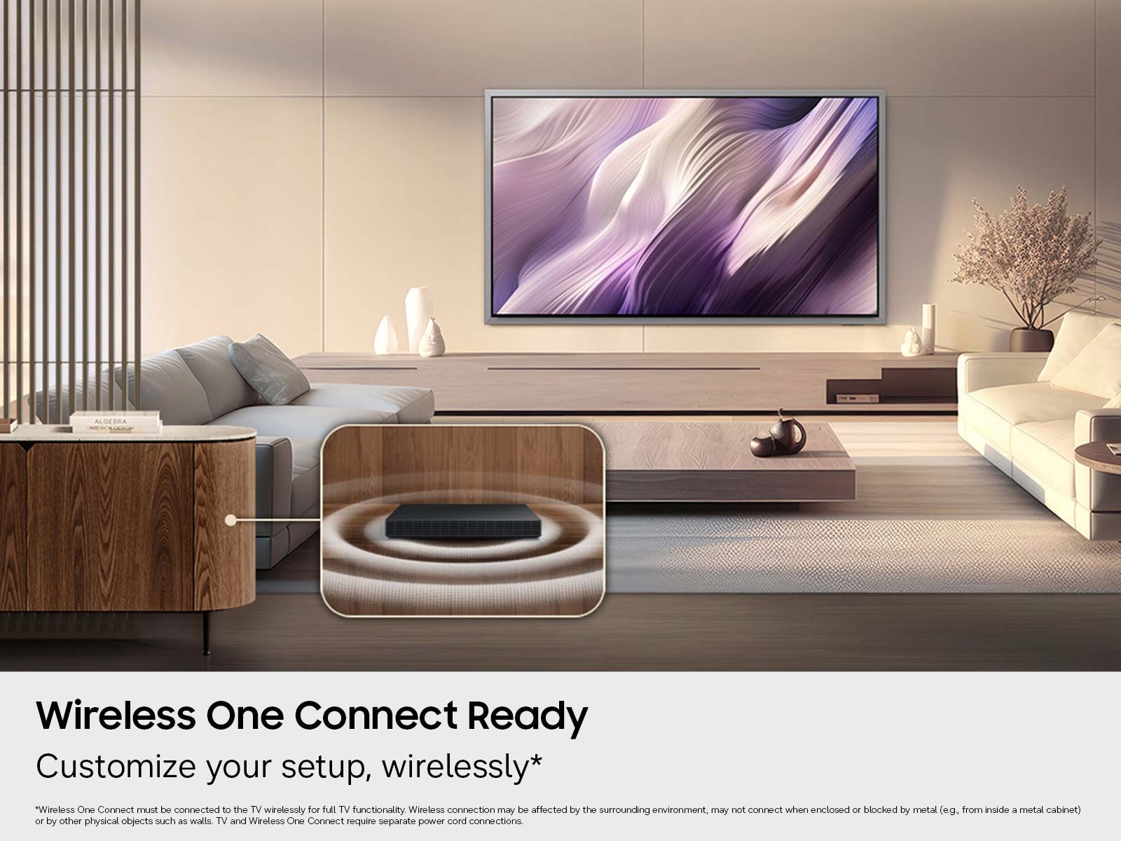 A lifestyle shot showing Samsung entertainment devices such as the OLED S95H Smart TV connecting wirelessly with one another.