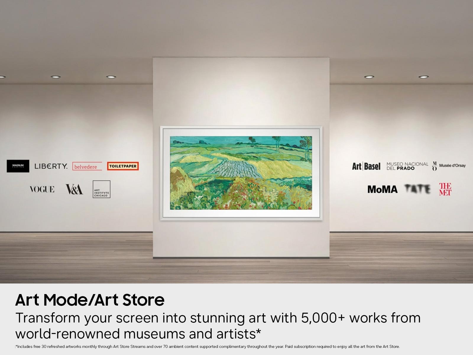 An image showing The Frame LS03HE hanging in an art museum in Art Mode to display a famous impressionist painting.