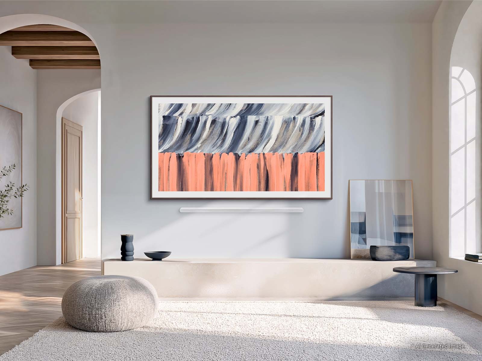 An artistic lifestyle shot showing The Frame LS03HE in a modern designer living room.