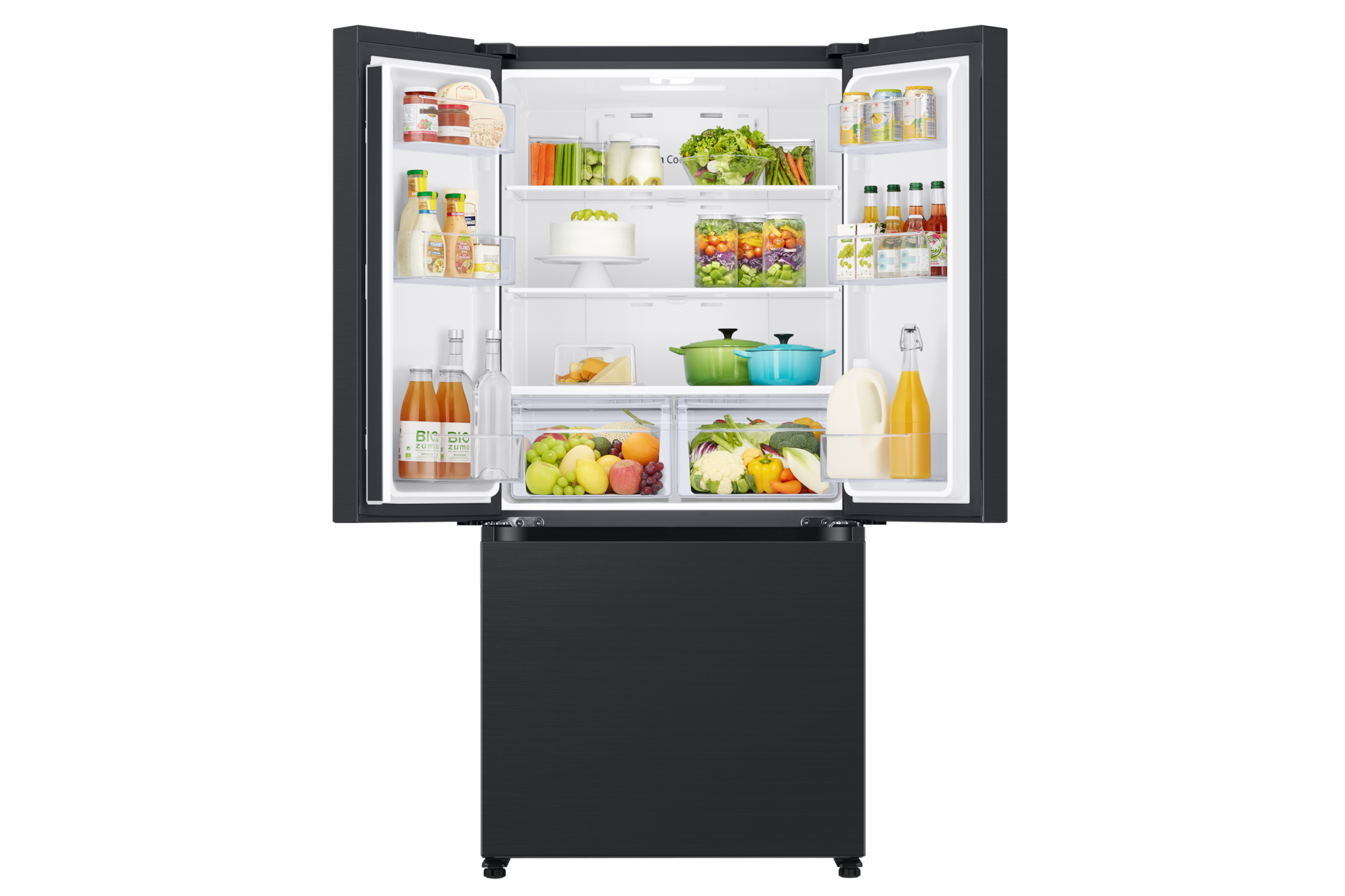 18 cu. ft. Counter Depth 3-Door French Door Refrigerator in Matte Black Steel Front-Open-With-Food Black 