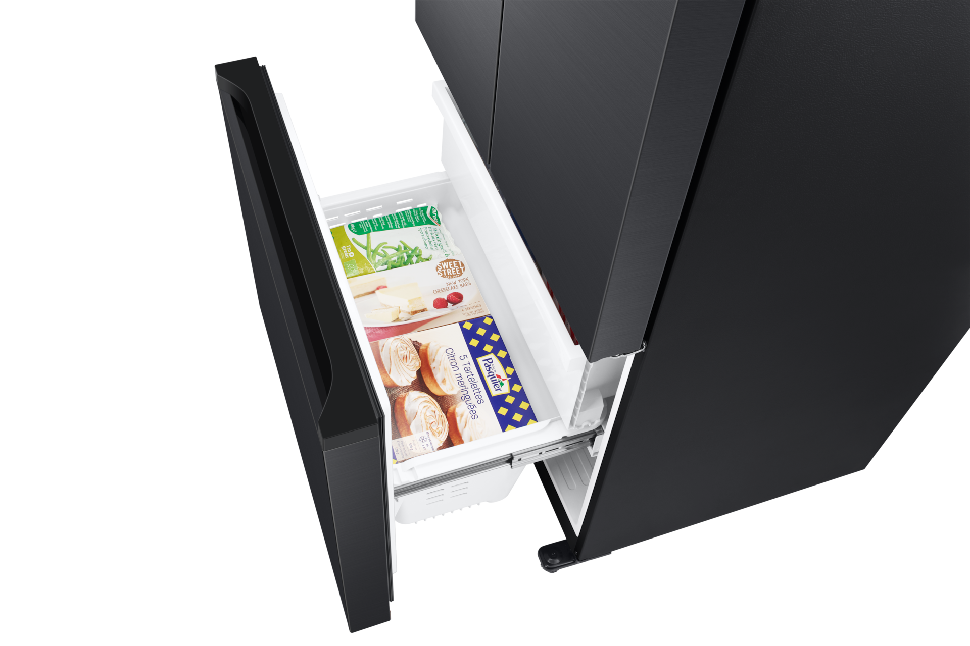 18 cu. ft. Counter Depth 3-Door French Door Refrigerator in Matte Black Steel Detail-Freezer-Box-Food2 Black 