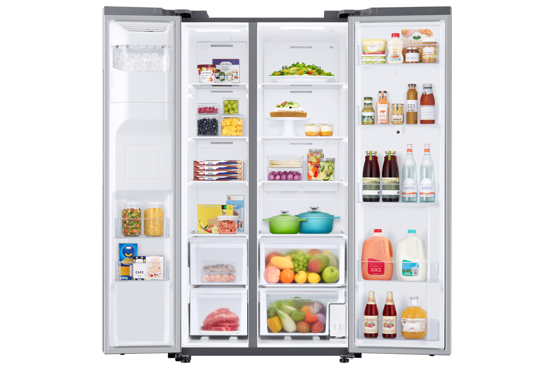 26.7 cu. ft. Large Capacity Side-by-Side Refrigerator with Touch Screen Family Hub™ in Stainless Steel Front-Open-With-Food1 Silver Mirror 