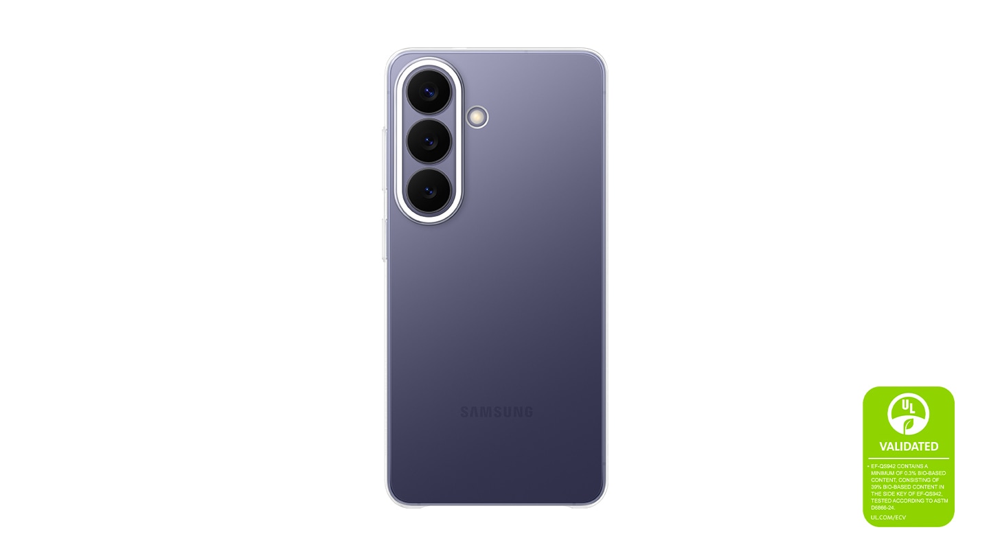 Rear-facing view of a Cobalt Violet Galaxy S26 in a Clear Case, showcasing the case's clear surface and minimal design. A UL Environmental Claim Validation Mark is shown 'UL VALIDATED. EF-QS942 CONTAINS A MINIMUM OF 0.3% BIO-BASED CONTENT, CONSISTING OF 39% BIO-BASED CONTENT IN THE SIDE KEY OF EF-QS942, TESTED ACCORDING TO ASTM D6866-24. UL.COM/ECV'.