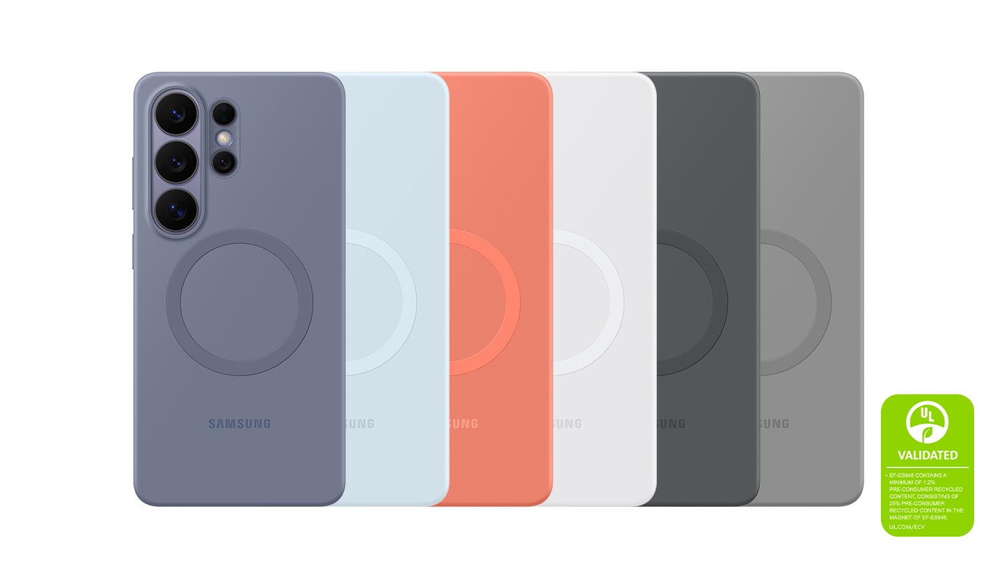 Six Galaxy S26 Ultra devices are lined up in Blueviolet, Lightblue, Coralred, White, Black, Gray Silicone Magnet Case. A UL Environmental Claim Validation Mark is shown 'UL VALIDATED. EF-ES948 CONTAINS A MINIMUM OF 1.2% PRE-CONSUMER RECYCLED CONTENT, CONSISTING OF 25% PRE-CONSUMER RECYCLED CONTENT IN THE MAGNET OF EF-ES948. UL.COM/ECV'.