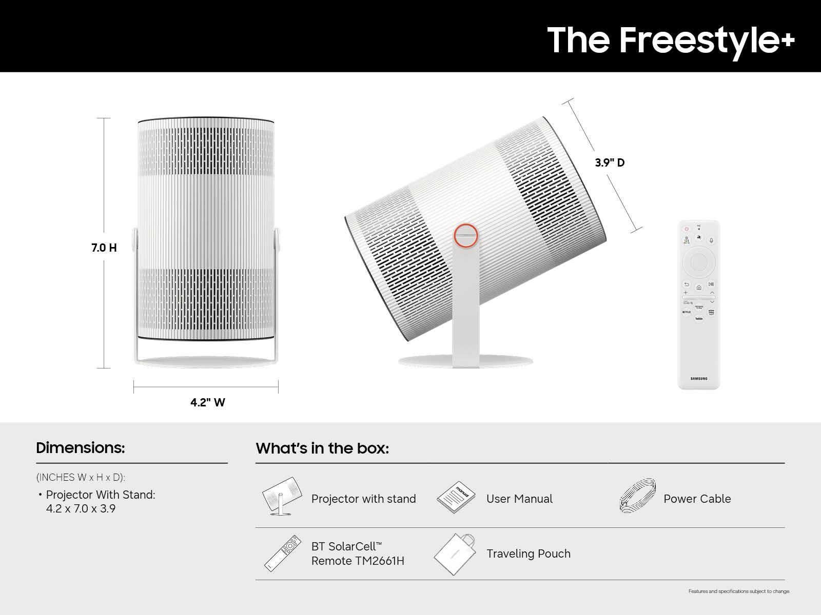 An official product side diagnal shot of the Samsung The Freestyle+