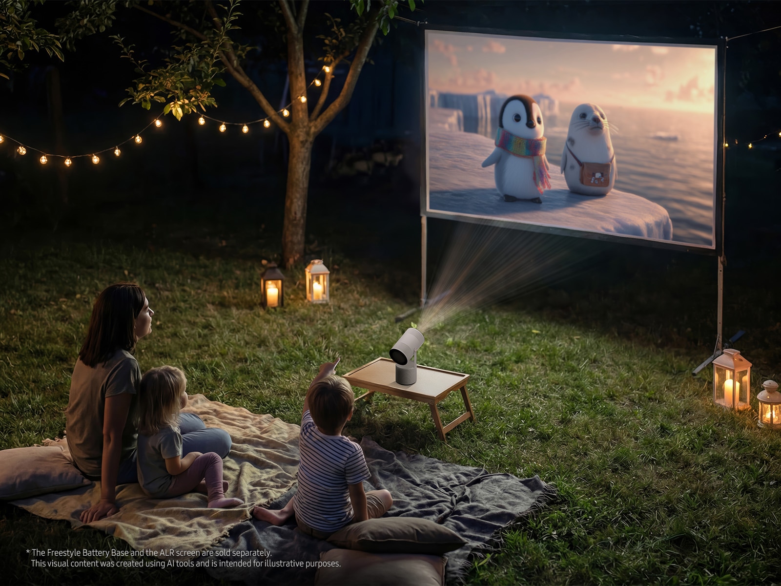 A  lifestyle image of the Samsung The Freestyle+ outside