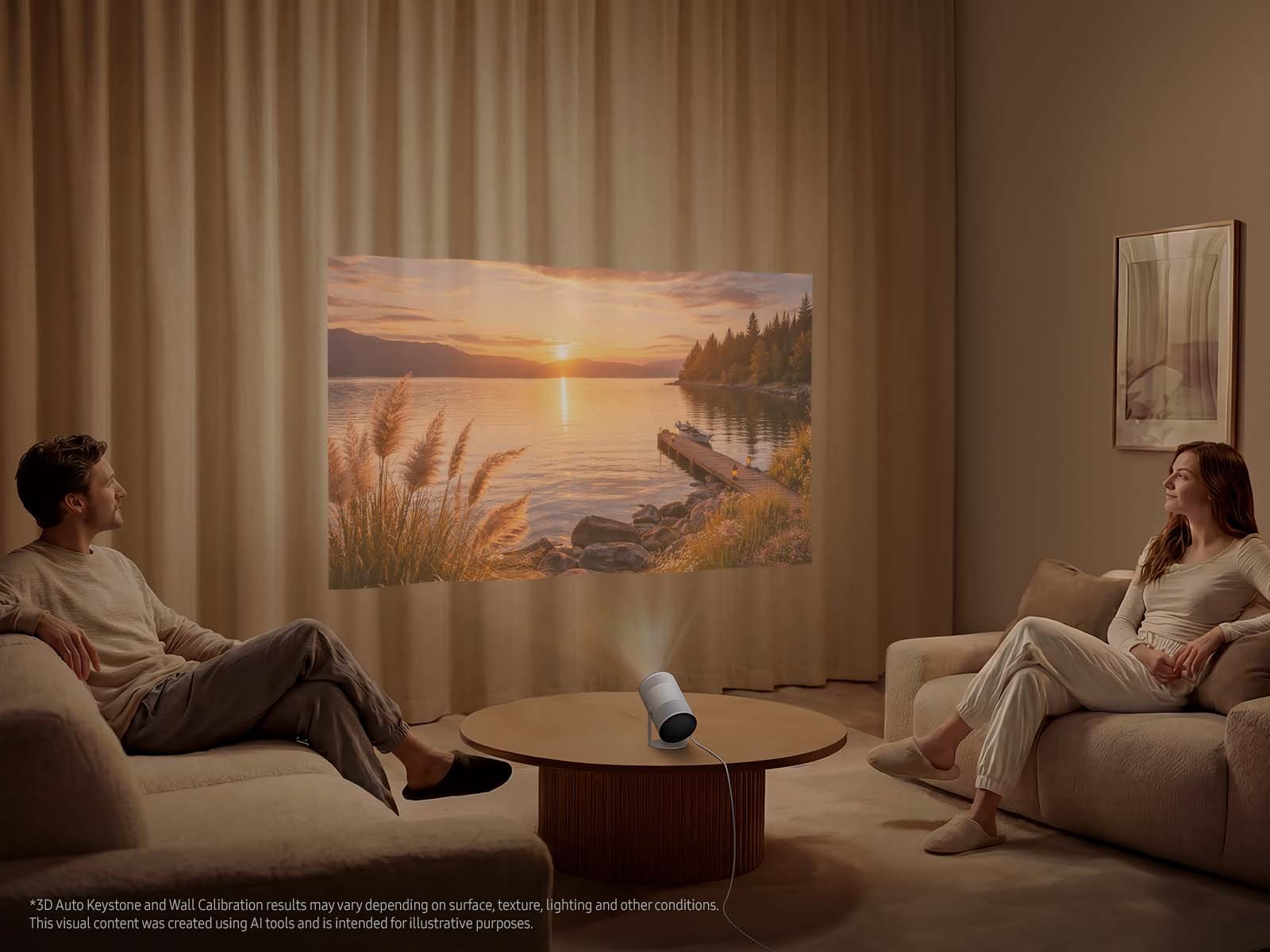 A  lifestyle image of the Samsung The Freestyle+ in a living space