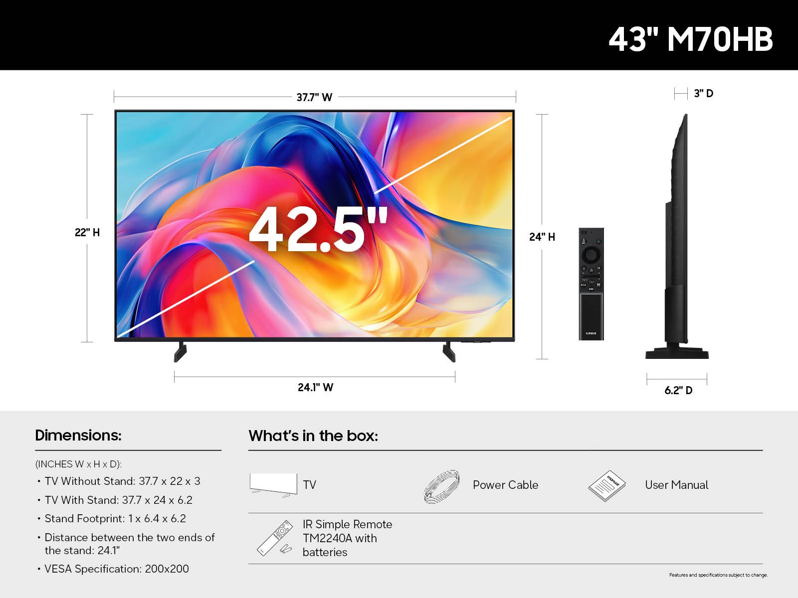A diagram of the official dimensions and what is included in the box of the 85-inch Samsung Mini LED M70H.