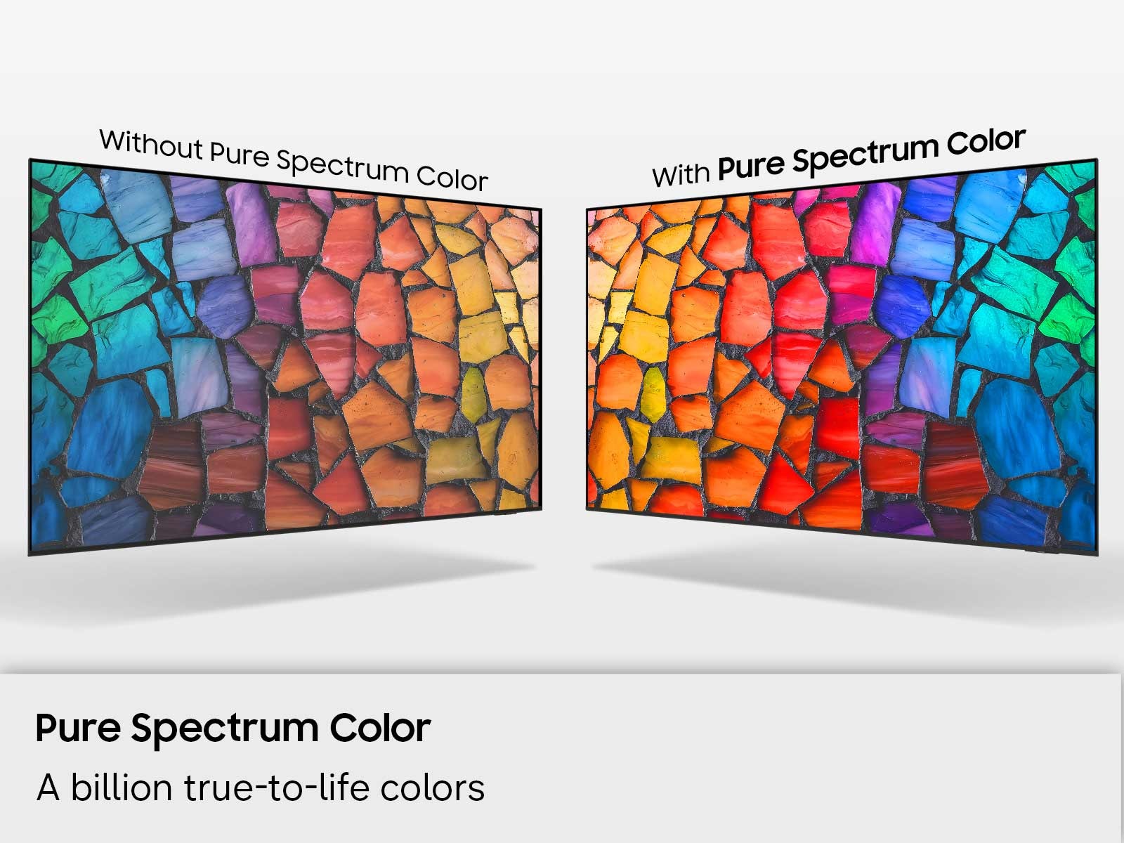 A side-by-side image comparing the vivid difference made by Pure Spectrum Color on a Mini LED M70H.