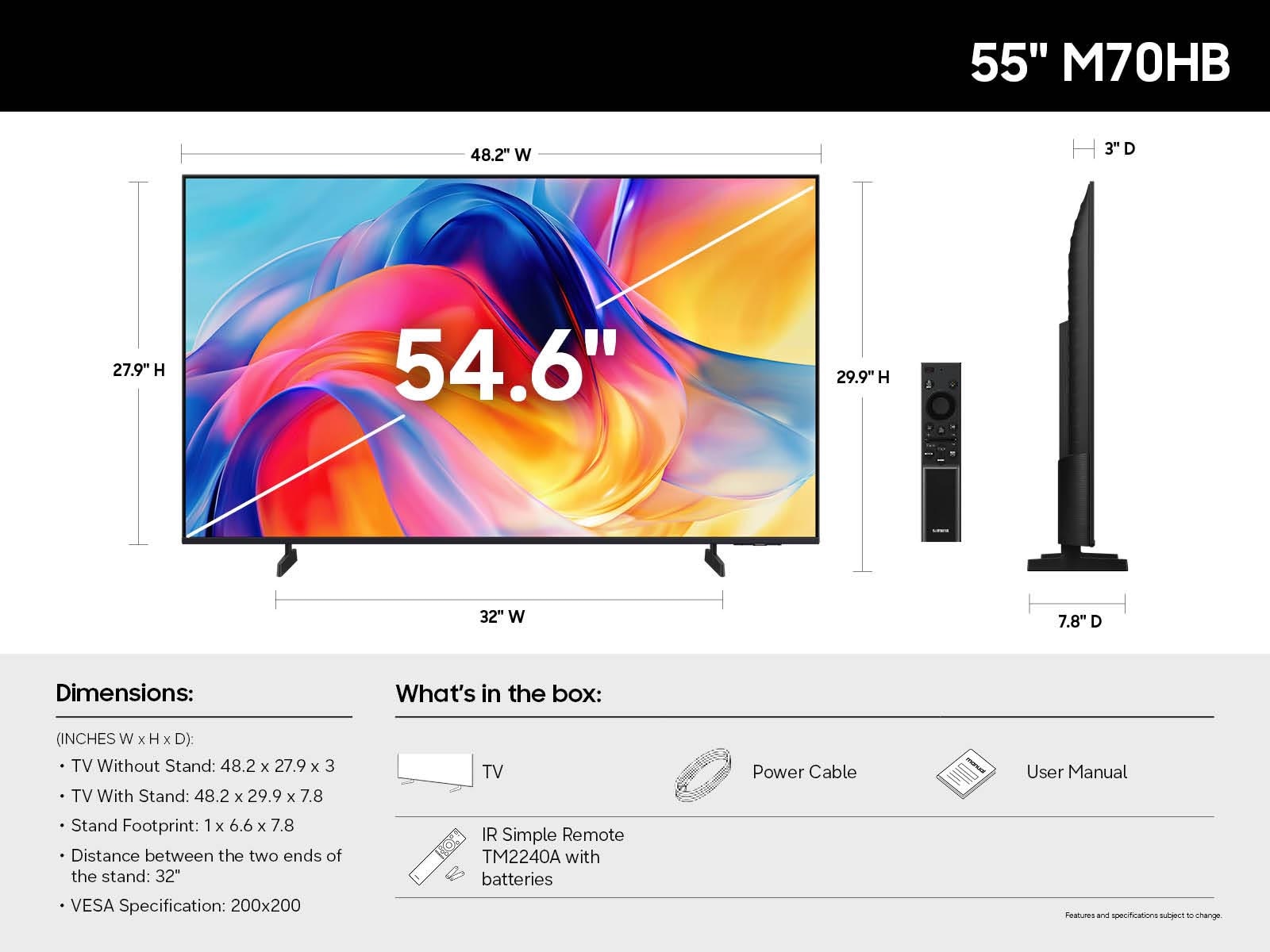 A diagram of the official dimensions and what is included in the box of the 85-inch Samsung Mini LED M70H.