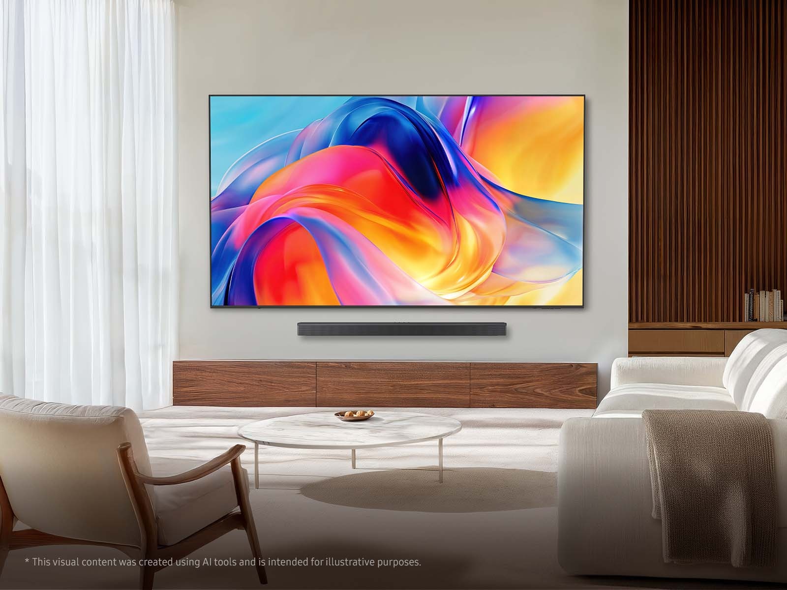 A lifestyle image of the Samsung Mini LED M70H television in a living room.