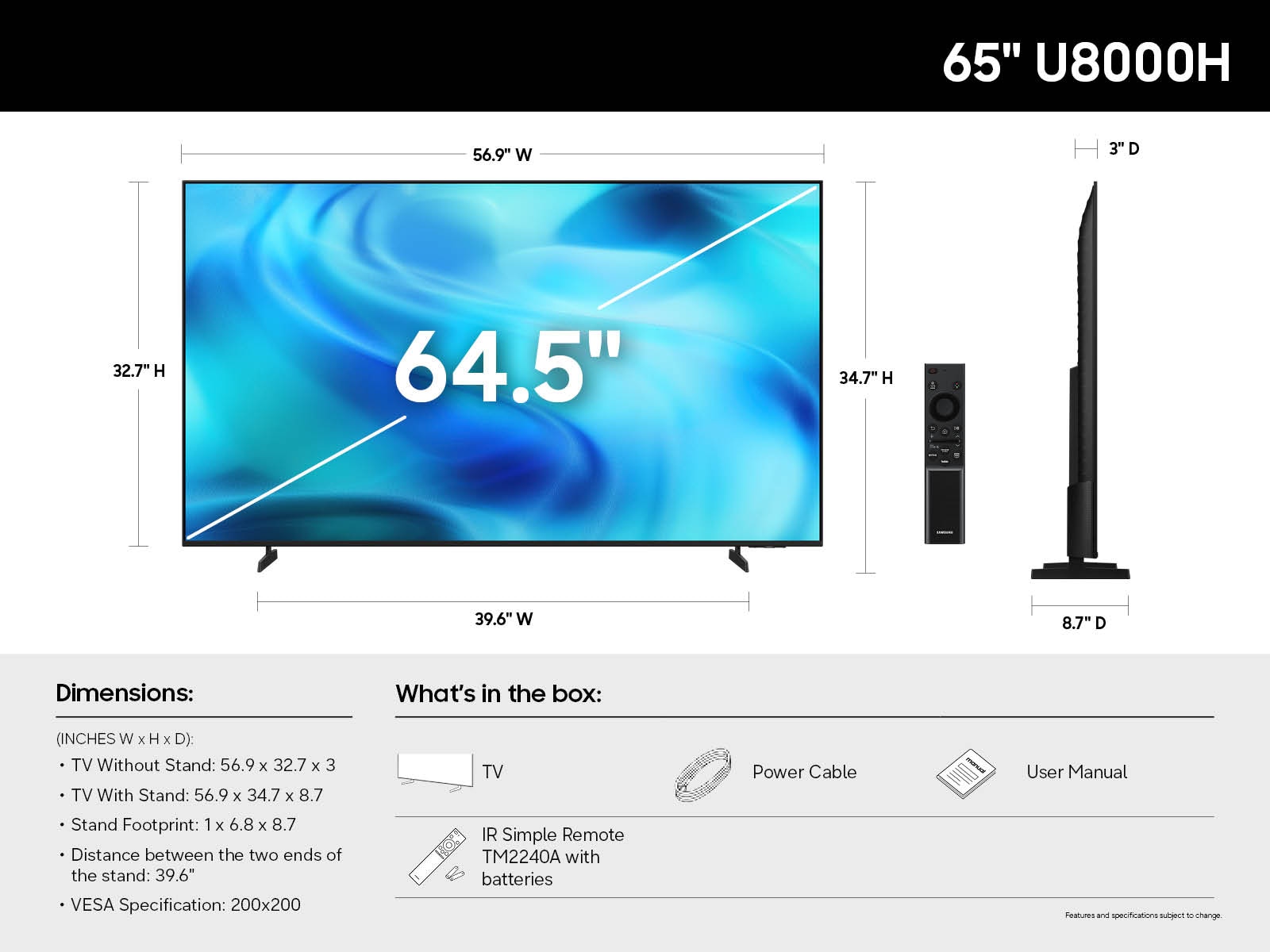 Samsung Class Crystal UHD 4K TV U8000H - Spec Chart
