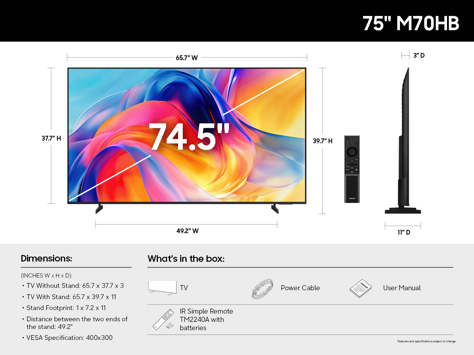 A diagram of the official dimensions and what is included in the box of the 85-inch Samsung Mini LED M70H.