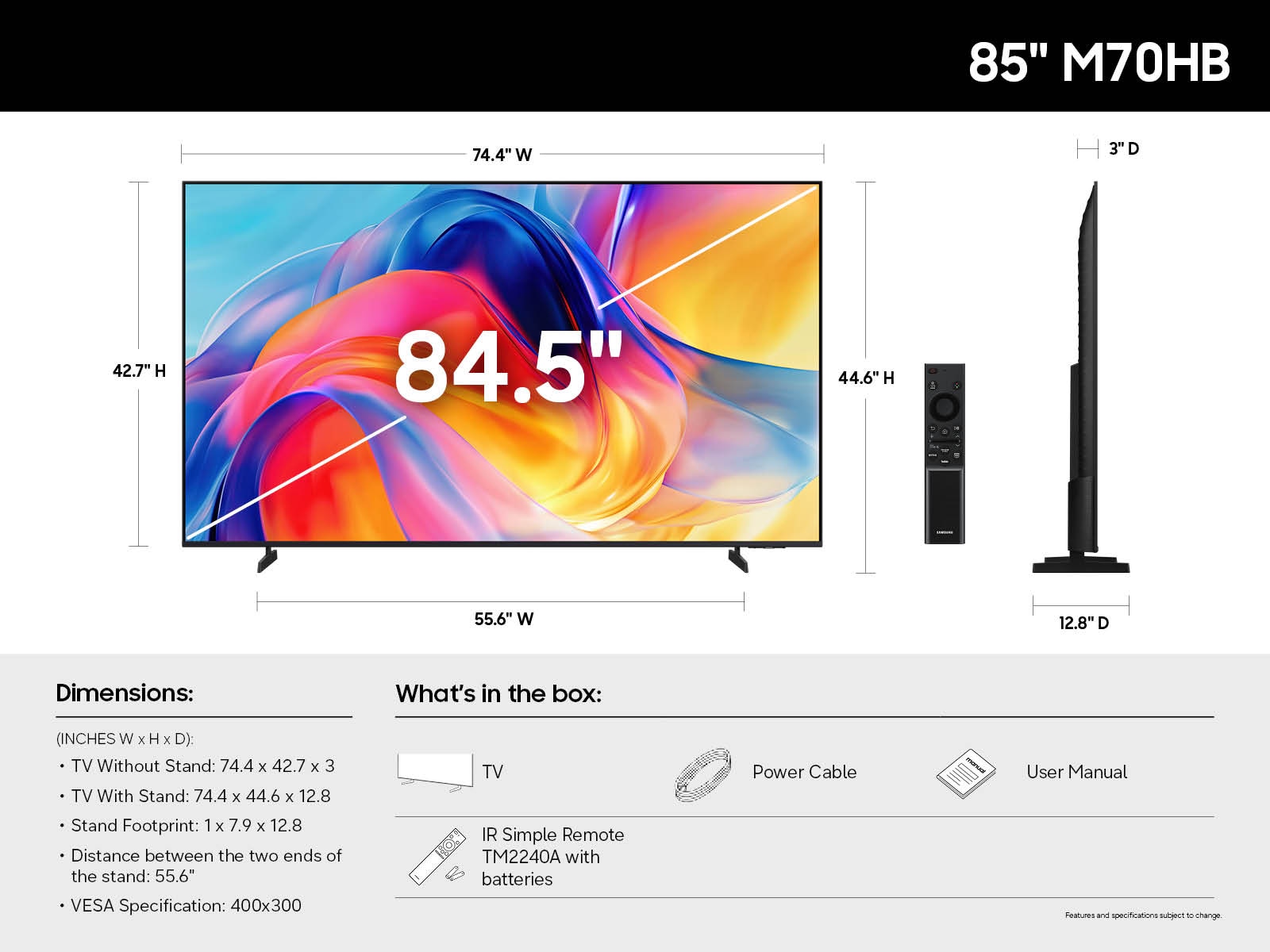 A diagram of the official dimensions and what is included in the box of the 85-inch Samsung Mini LED M70H.