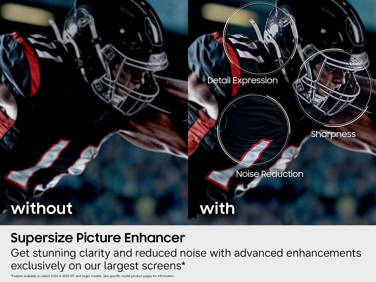 A before- and after- comparison of the detail on a football helmet using Supersize Picture Enhancer.