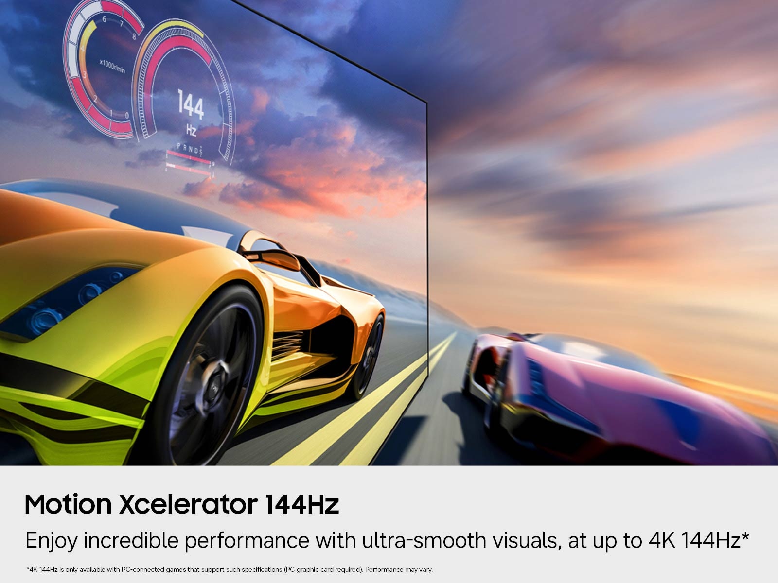 A shot of a racing car game being used to demonstrate the ultra-smooth visuals of Motion Xcelerator 144Hz technology on the Samsung 98 inch Class Crystal UHD U9000H 4K Samsung Vision AI Smart TV (2026).