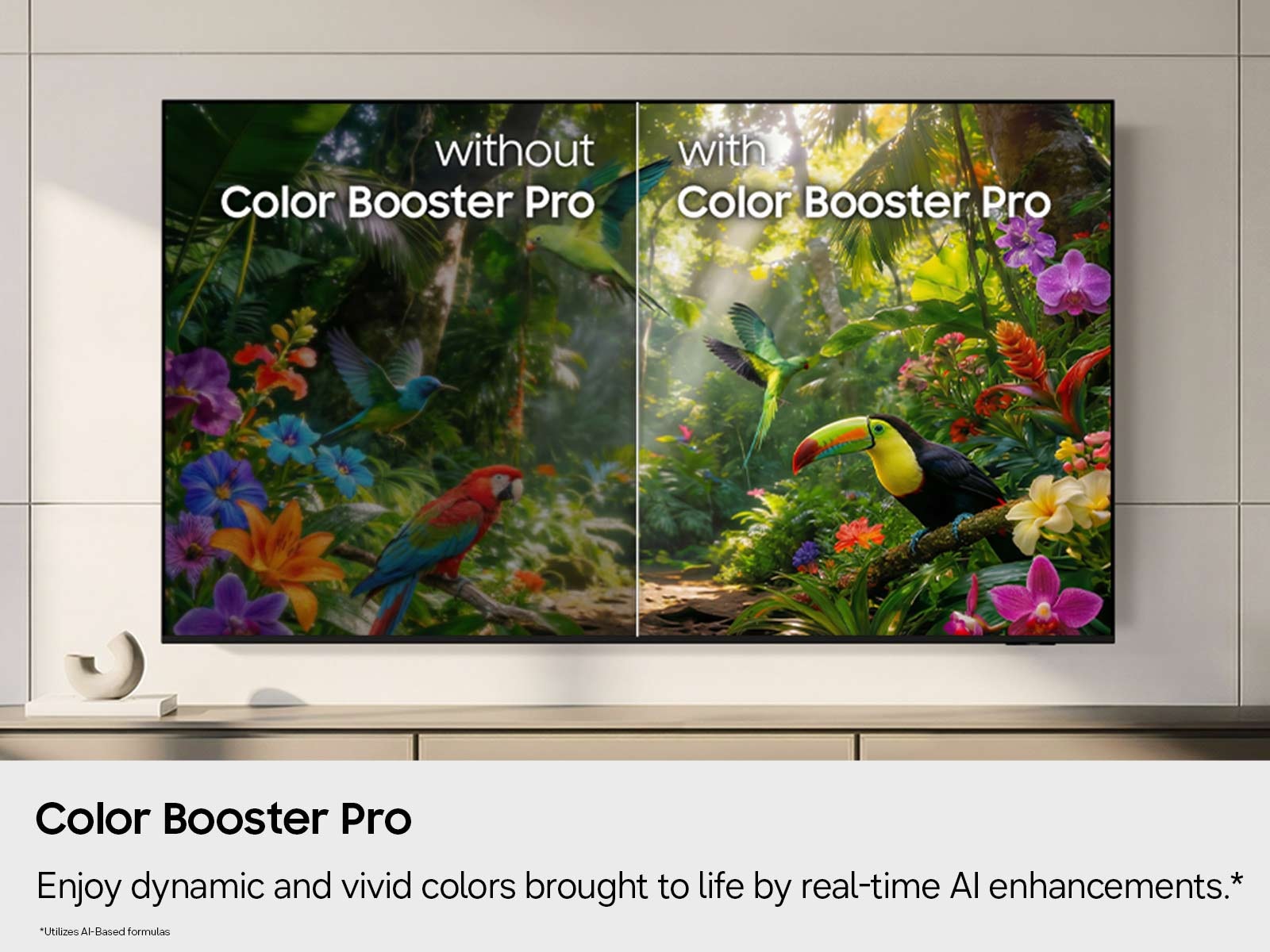 A vivid jungle scene being shown on a Samsung 98 inch Class Crystal UHD U9000H 4K Samsung Vision AI Smart TV (2026) to represent the set's Color Booster technology.
