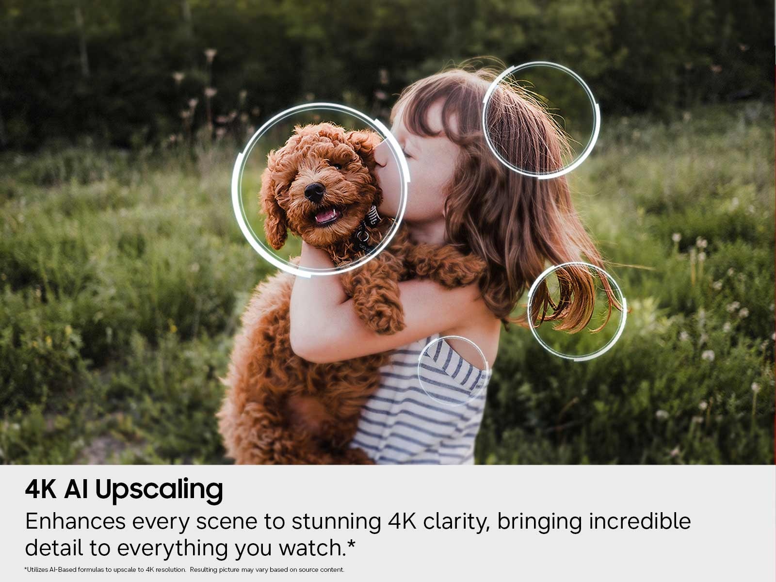An image of a little girl kissing a dog in a grassy yard,  being used to represent the ability of the Samsung 98 inch Class Crystal UHD U9000H 4K Samsung Vision AI Smart TV (2026) television to upscale standard-def content to 4K using AI.