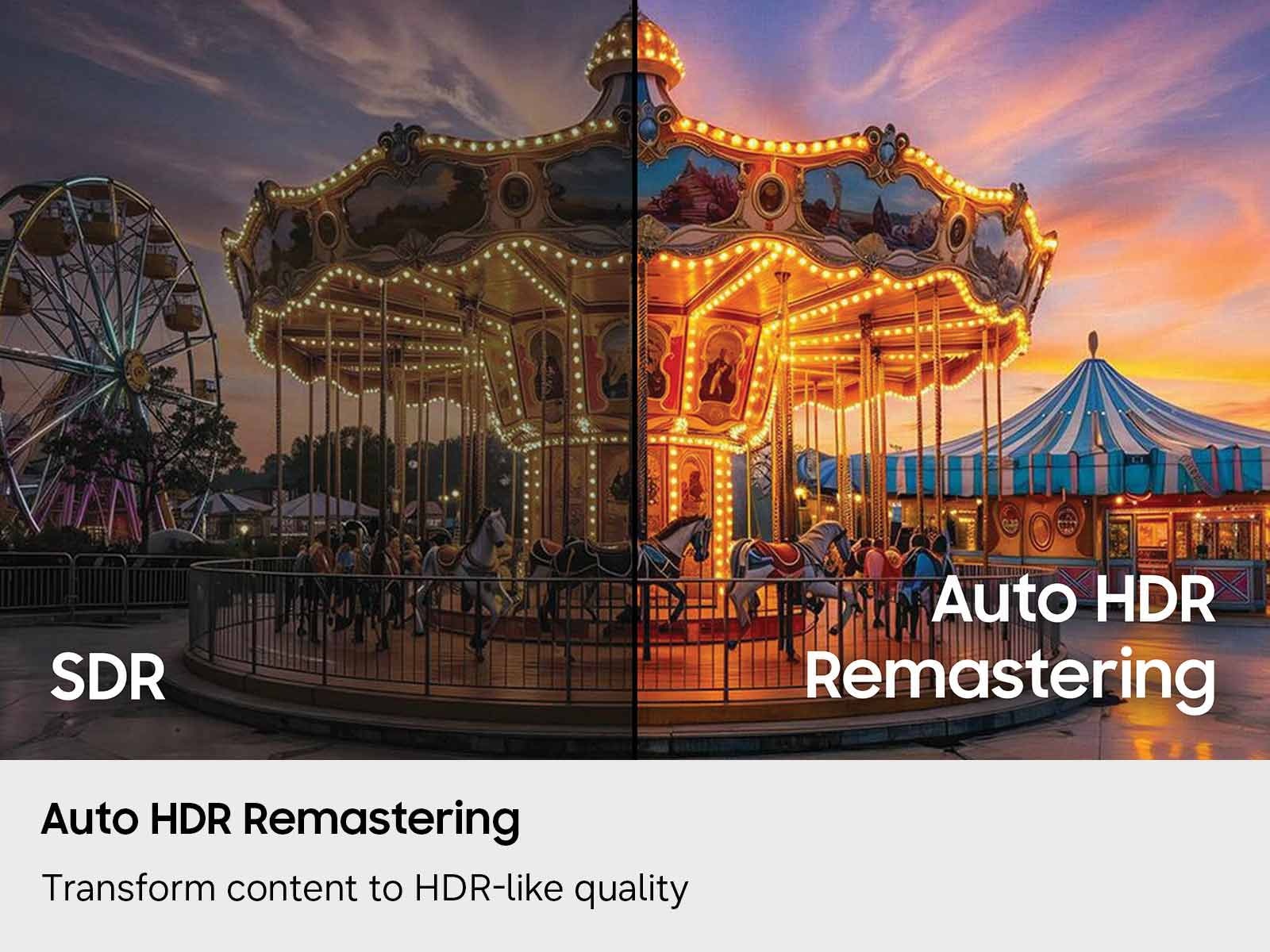 An image of a carousel seen on a 98 inch Class Crystal UHD U9000H 4K Samsung Vision AI Smart TV (2026) being automatically remastered for HDR with Auto HDR Remastering.