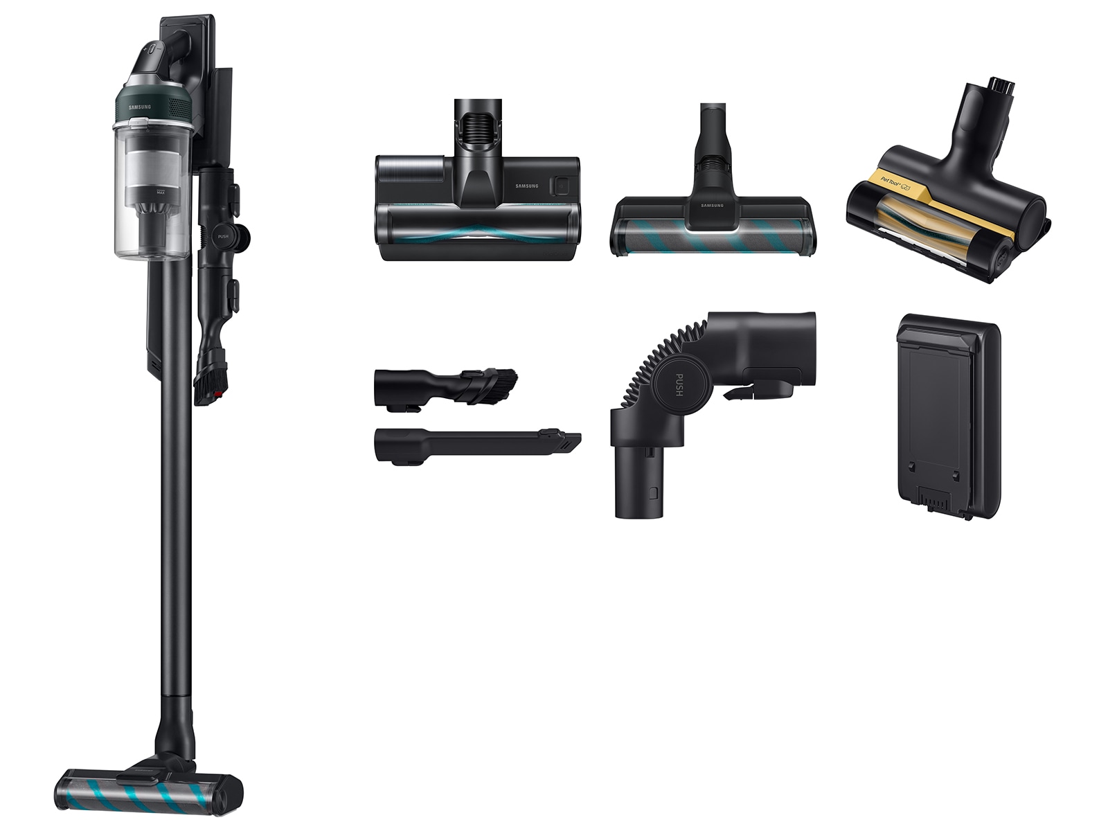 Angled view of Jet 85S Complete Cordless Stick Vacuum with 250AW Suction Power and Removable &amp; Longer Lasting Battery  + Acessories included with purchase| Samsung US