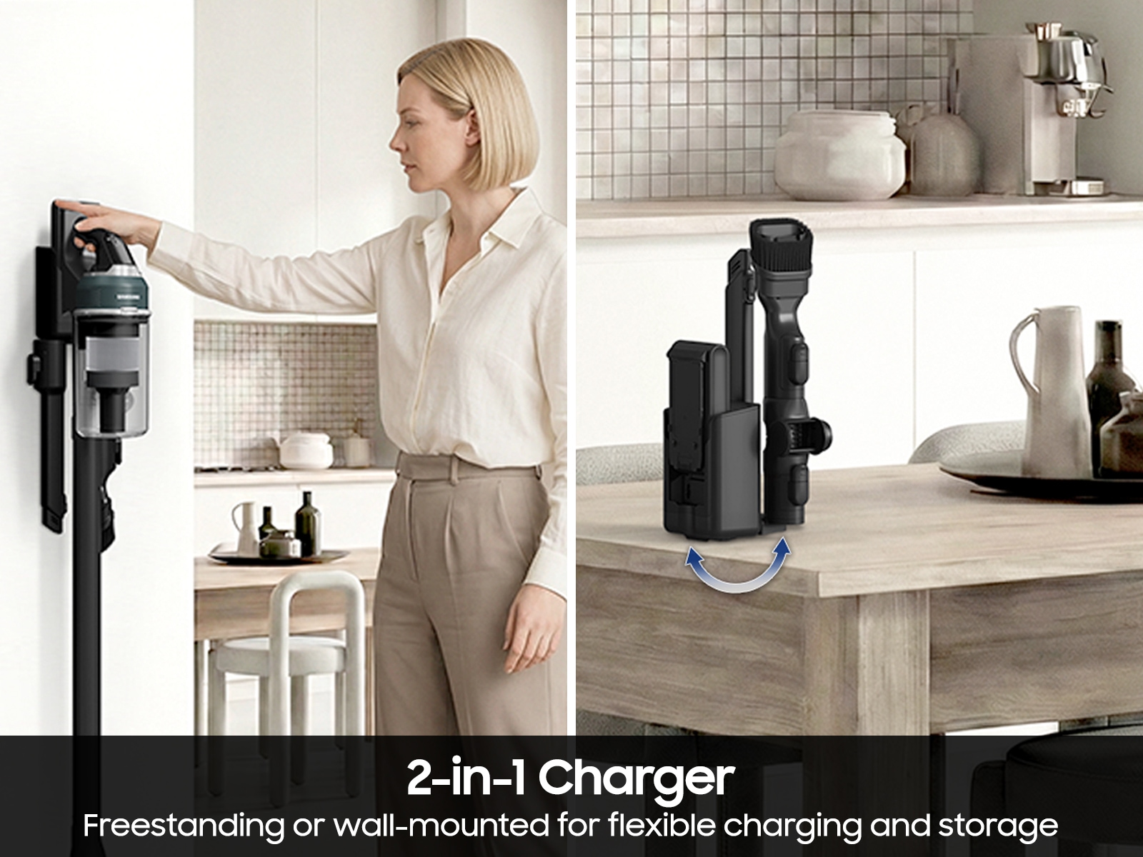 Feature Infographic 2-in-1 Charger + Freestanding or Wall Mounted | Samsung US