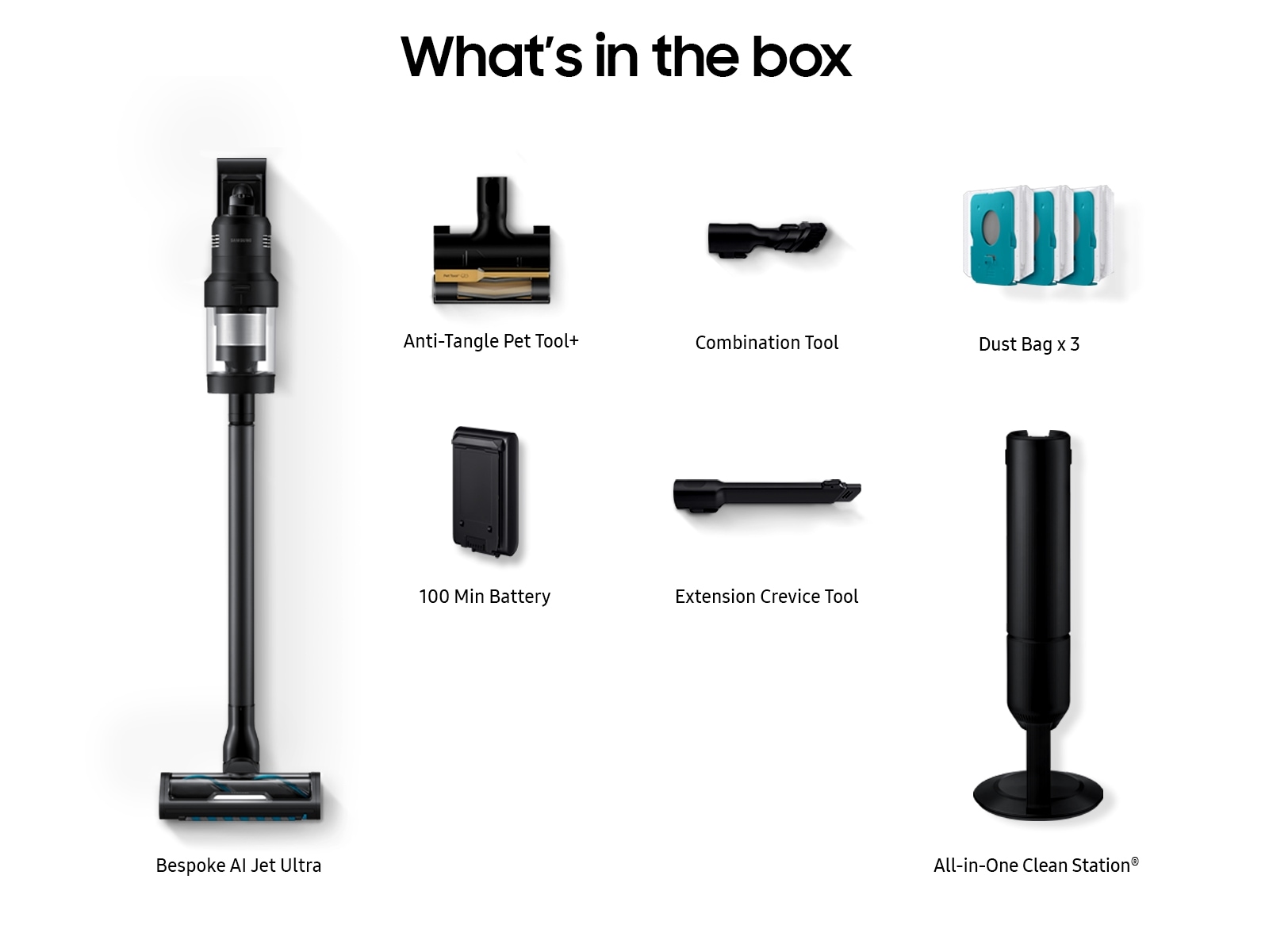 Bespoke AI Jet™ Ultra Cordless Stick Vacuum with All-in-One Clean Station® and 400AW Suction Power in Satin Black