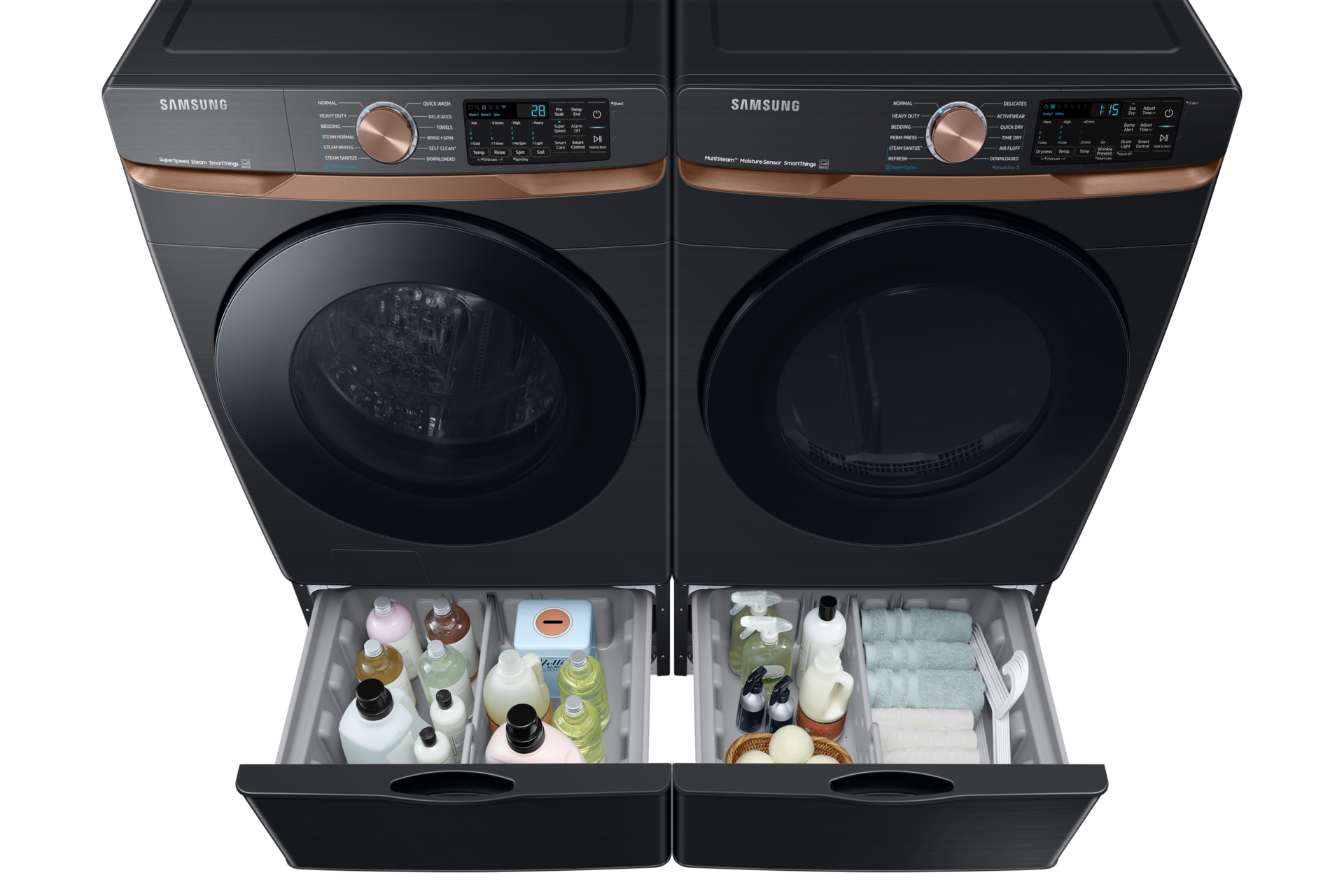 5.0 cu. ft. Extra Large Capacity Smart Front Load Washer with Super Speed Wash and Steam in Ivory Front-Pair-Pedestal-Prop Black 