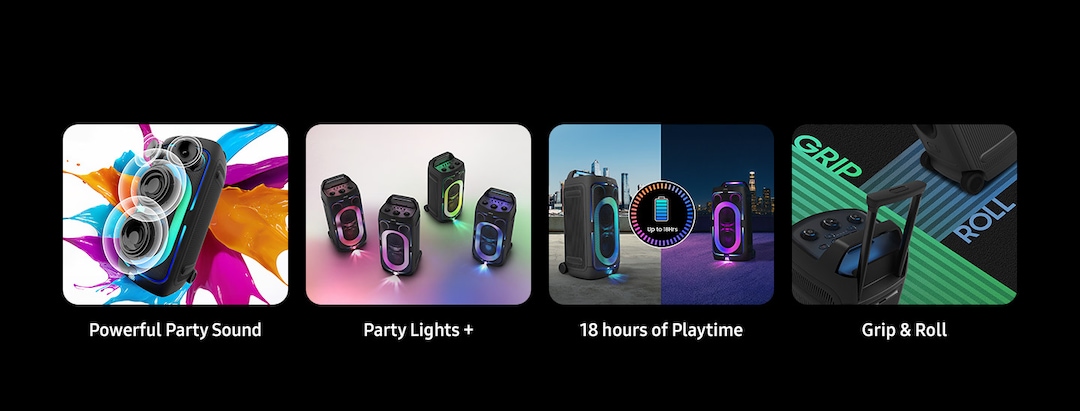 Características principales: sonido potente, Party Lights+, 18 horas y Grip & Roll