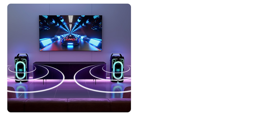 Dos Sound Tower en modo estéreo TWS junto a una TV