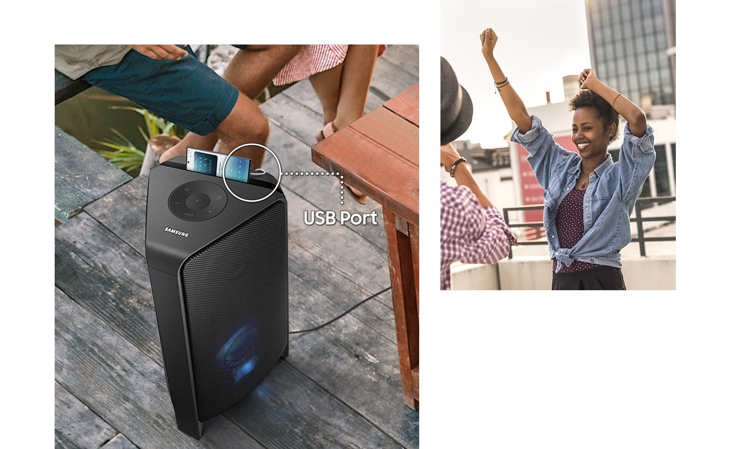 Torre de sonido en una terraza y una persona bailando