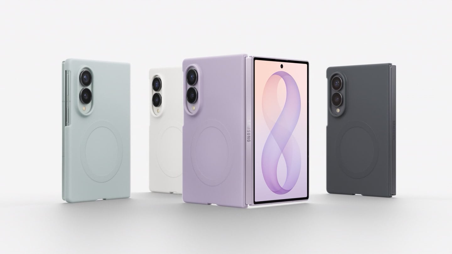 Galaxy Z Fold8 en varios colores con la Funda magnética Clear instalada