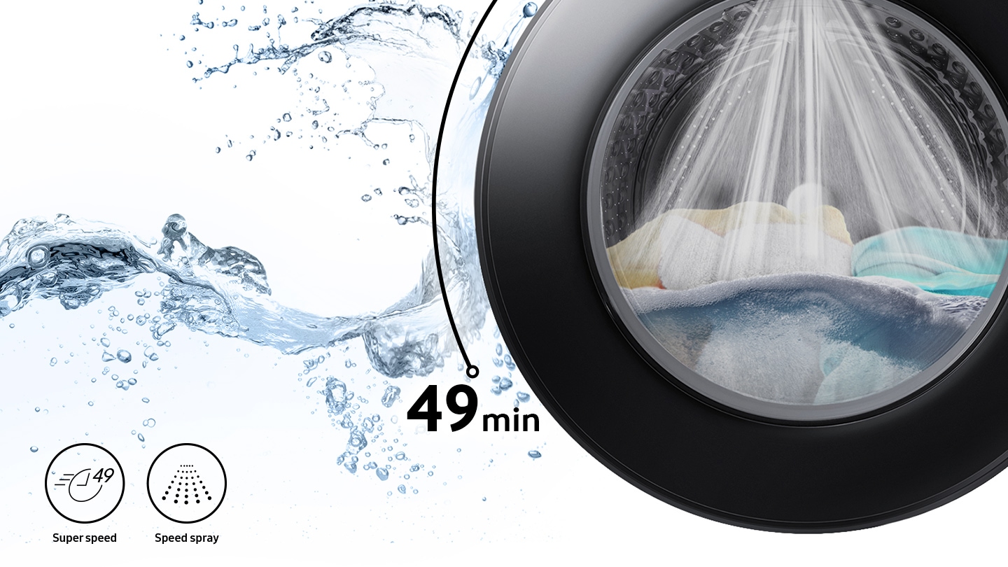Towels and doll is in the drum and  washing takes 49 minutes with the powerful water spray.
