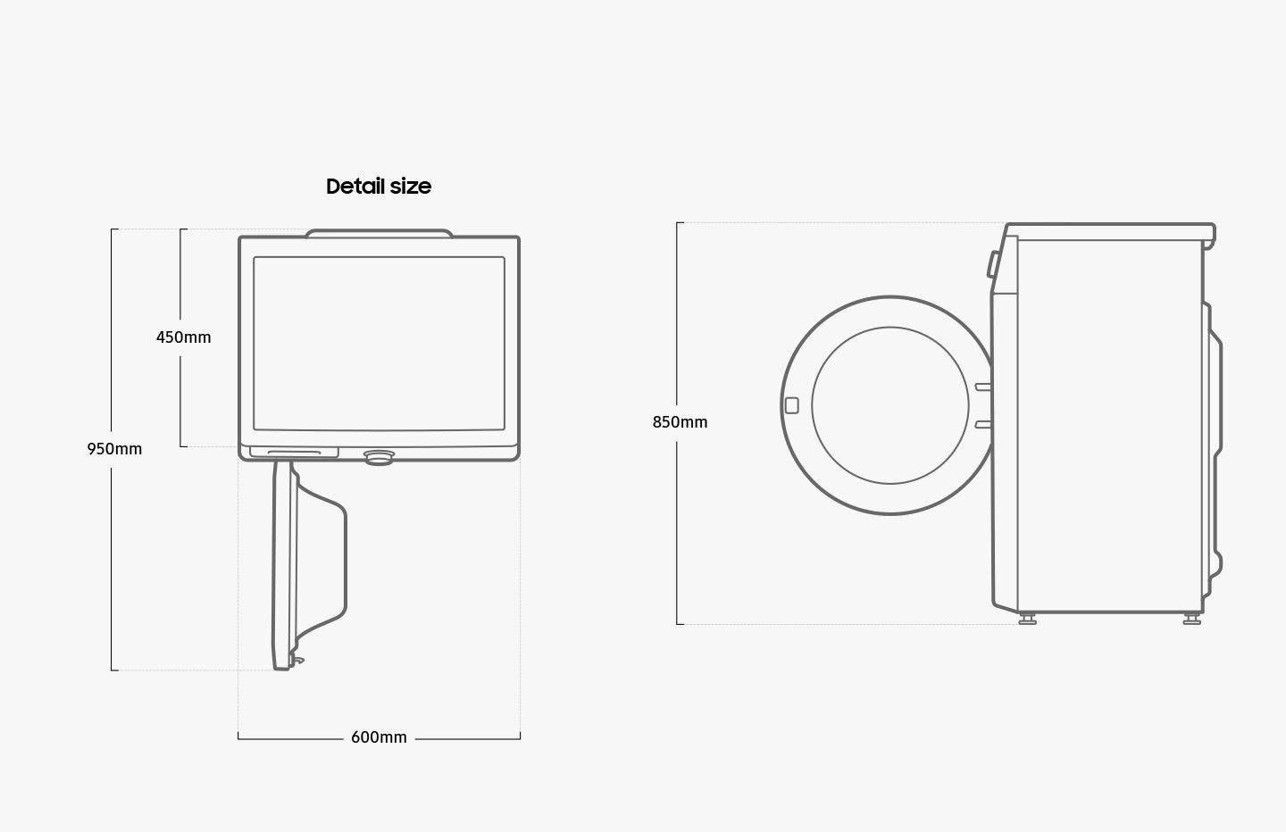 The Washer is 600mm wide, 450mm deep, and 850mm tall. The depth is 950mm when the door is opened to 90 degrees.